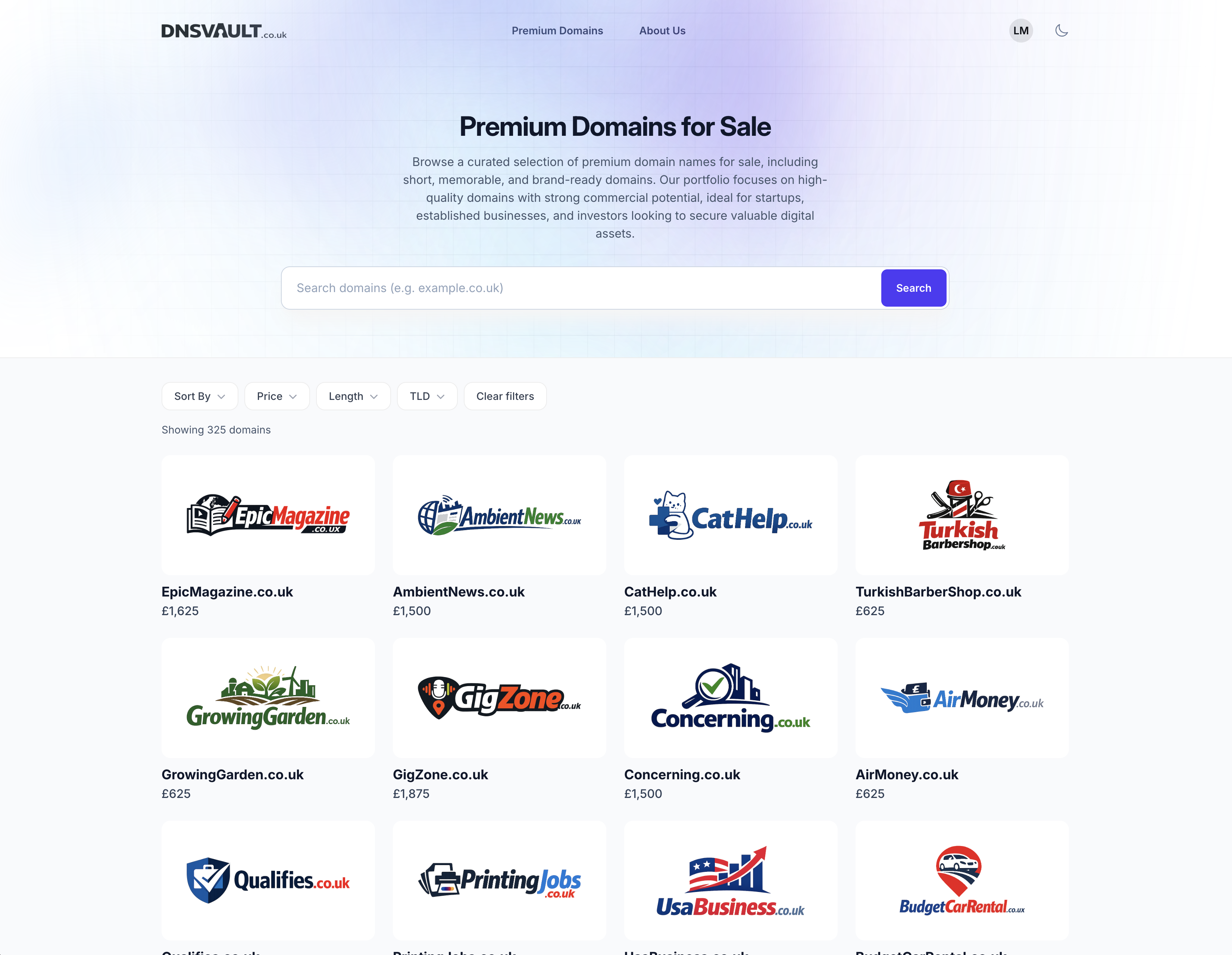 Premium UK domain portfolio interface
